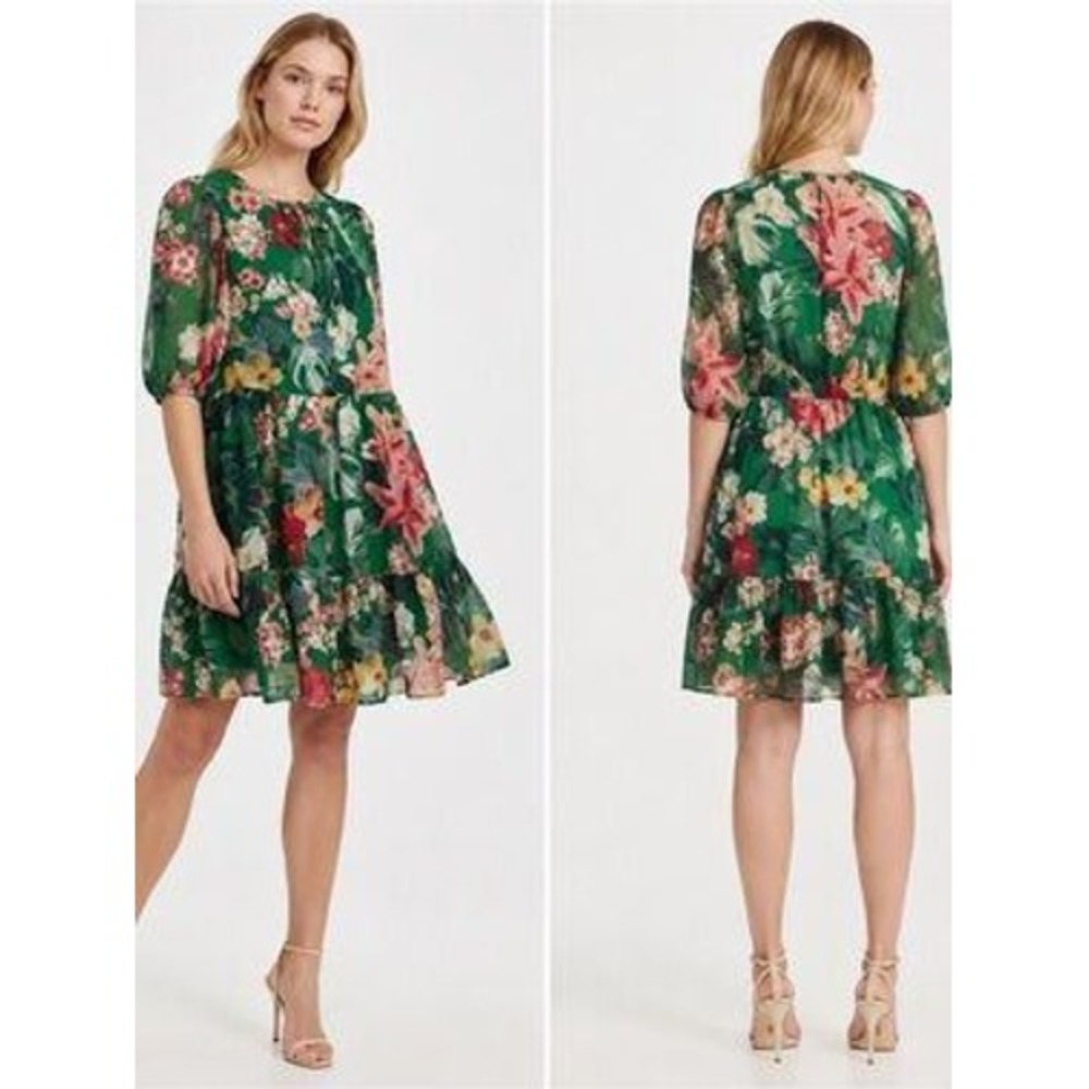 Eliza J Green Floral Tiered Mini Dress Tropical Beachy Coastal 101